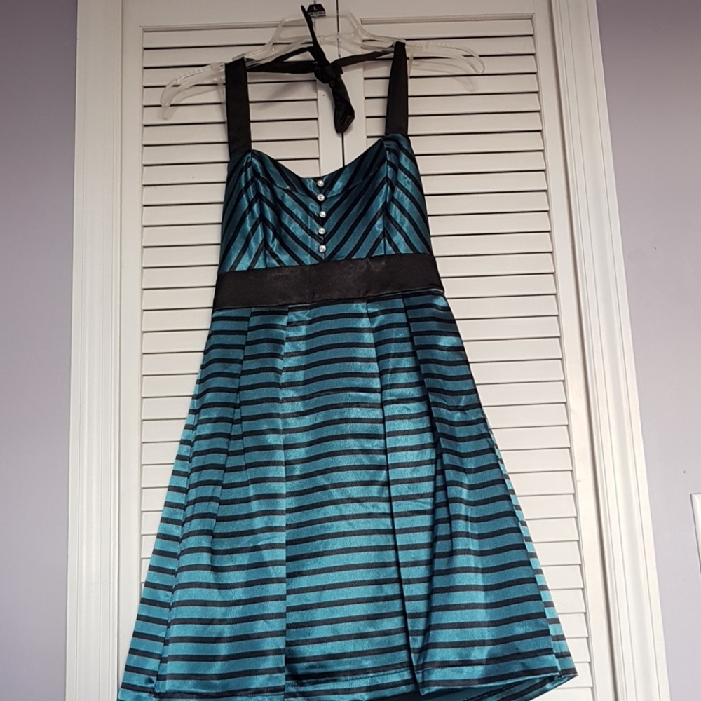 Stripped teal and black halter mini dress